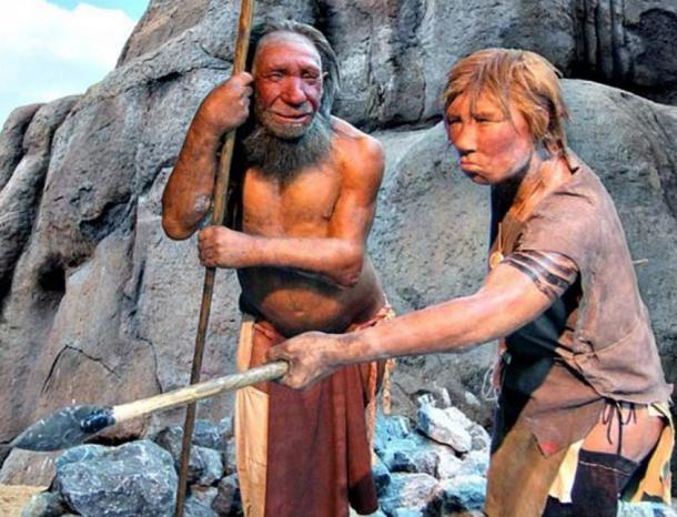 Models of a Neanderthal man and woman. Neanderthal Museum, Dusseldorf.