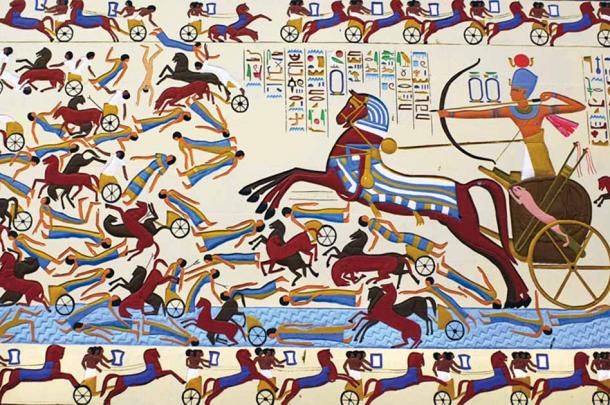Modern loose interpretation at the Pharaonic Village in Cairo of a Battle scene from the Great Kadesh reliefs of Ramses II on the Walls of the Ramesseum (Public Domain)