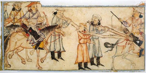 Mongol riders with prisoners. Illustration of Rashid-ad-Din's Gami' at-tawarih. (Public Domain)