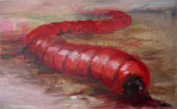 An interpretation of the cryptid Mongolian death worm by Belgian painter Pieter Dirkx. (Pieter Dirx / CC BY SA 1.0)