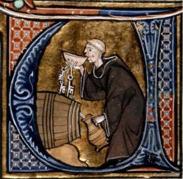A Monk Cellarer tasting wine from a barrel, Li Livres dou Santé, (13th Century manuscript), France.
