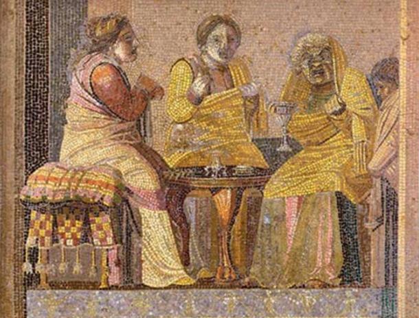 Mosaic depicting masked actors in a play: two women consult a "witch". Roman mosaic from the Villa del Cicerone in Pompeii, now in the Museo Archeologico Nazionale (Naples)