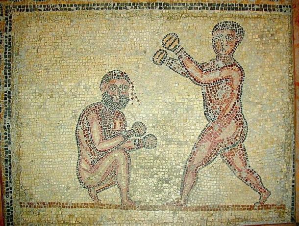 Mosaic of two boxers, (373 AD). Thuburbo Maius, Tunisia