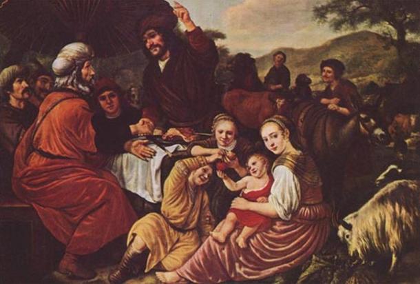 Moses takes his leave of Jethro (Reuel). Reuel is seated on the left, in red.