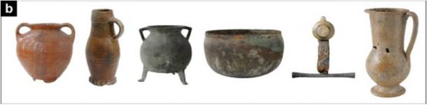 Most common find categories of imported and high-quality objects have been found evenly distributed throughout the areas A, B and E. They include (from left to right, not to scale) imported lead-glazed redware and stoneware, cast bronze cauldrons, hammered brass cauldrons, swords and hispano-moresque faience (the last only in area B). (Wilken et al./Nature)