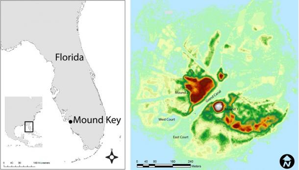 Left: Mound Key was likely the seat of Calusa power for 500 years. By the 16th century, the Calusa kingdom stretched from the Florida Keys to the southern edge of Tampa Bay. Right: A remote sensing map reveals some of Mound Key’s standout features, including two large shell mounds, the grand canal and two massive watercourts flanking the island’s southwest shoreline. (Victor Thompson / PNAS)