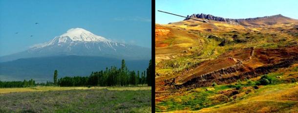 Above left, we see Mount Ararat in modern-day Turkey, and get an idea how impractical it would have been to try land the ark of Noah on it. Above right, we see the mountain seventeen miles south of Mount Ararat where the ark actually first came to rest (arrow), and the impression it left when it slid down the mountain about 100 years later. At the top of the mountain, we see the escarpment cliffs which the “Epic of Gilgamesh” refers to as the “wall of heaven” (Image: David Allen Deal, Author supplied)