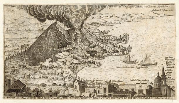 Erupción del Vesubio en 1631 cerca de Nápoles, Italia, de una pintura del siglo XVII de Giovanni Battista Passeri. (escalígero / Adobe Stock)