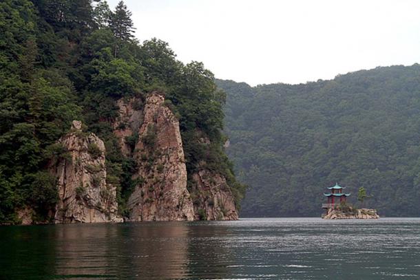 Mountain range and Sanjiaolong Crater Lake in the Longwanqun National Forest Park, Huinan County, Jilin, China.