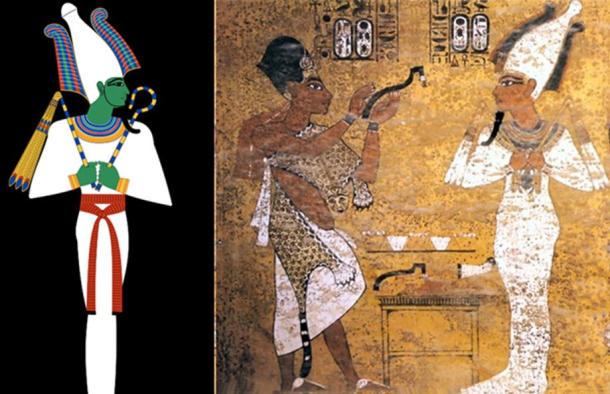 Left, depiction of Egyptian god Osiris. Right, Opening of the Mouth ceremony, Tutankhamun depicted as Osiris