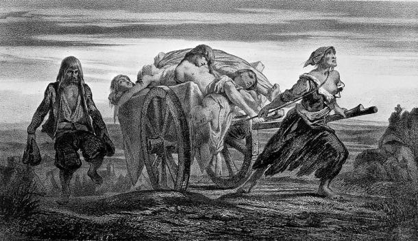 Moynet lithograph of a truck loaded with plague victims. (Wellcome Images / CC BY 4.0)