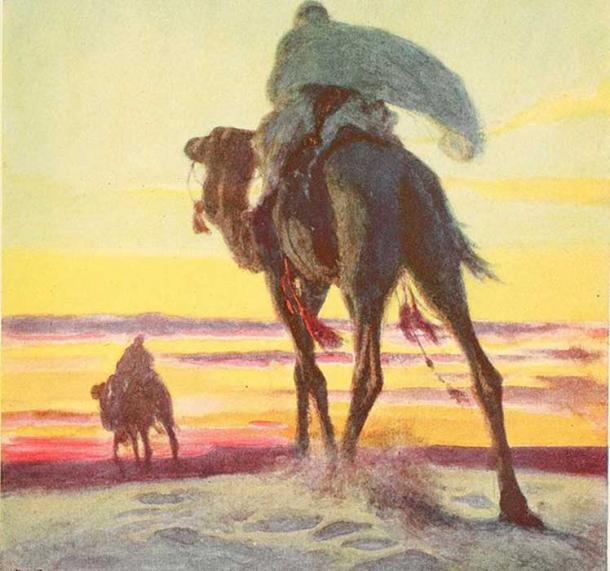 Muhammad and Abu Bakr flee Mecca, as depicted in ‘The Outline of History’. (Internet Archive Book Images)