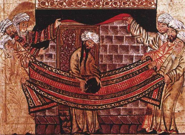 The Islamic prophet Muhammad solves a dispute over lifting the black stone into position at the al-Kaaba, Mecca, Saudi Arabia. In the center, Prophet Muhammad, with two long hair plaits, places the stone on a carpet held at the four corners by representatives of the four tribes, so that all have the honor of lifting it. (Rashid Al-Din / Public domain)
