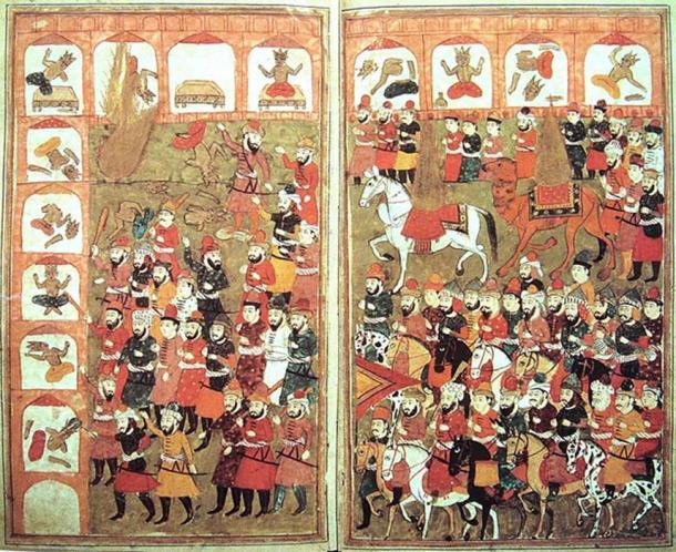 Muhammad's entry into Mecca and the destruction of idols. Muhammad is shown as a flame in this manuscript. Found in Bazil's Hamla-i Haydari, Kashmir, 1808. (Public Domain)