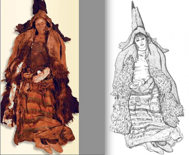 FIG 1.6. Mummified eagle huntress with leather eagle-hunting mitt, Tarim Basin, 4th-3rd century BC, Urumqi Museum.