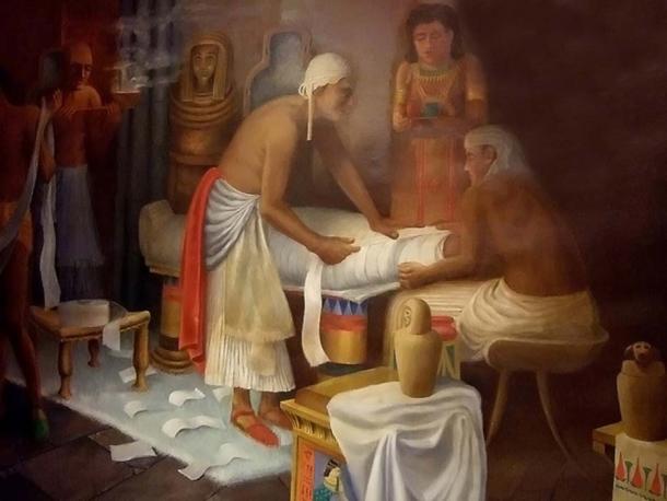Pintura mural de la preparación de la momia egipcia en el Museo Egipcio Rosacruz. 