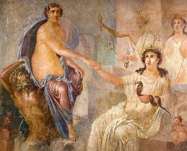 Mural showing Io being welcomed into Egypt by Isis. Roman fresco from the temple of Isis in Pompeii. 