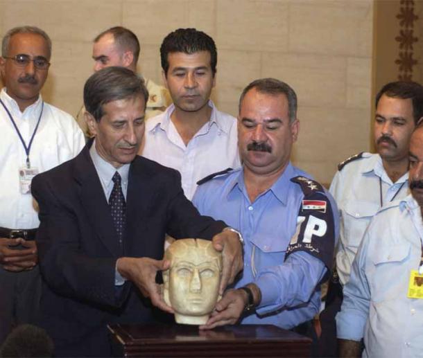 The Warka Mask was missing from the Iraqi Museum since the liberation of Iraq. The Al Qanot Police station of the Iraqi Police service and the 812th Military Police Company (MP CO), 519th Military Police Battalion (MP BN), 18th Military Police Brigade (MP BDE), in a joint investigation recovered the Warka Mask during Operation IRAQI FREEDOM. (Public Domain)
