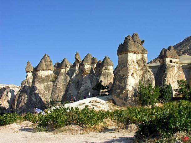 Mushroom rock formations in Turkey. The cone is constructed from limestone and volcanic ash, while the cap is of hard, more resistant rock such as lahar or ignimbrite