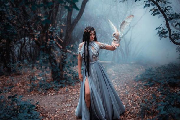 Mysterious sorceress in a cold forest in the fog with a white owl.
