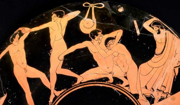 Luchadores de pancracio desnudos sobre un kylix de cerámica, ca. 480 a. (Museo Británico / CC BY-NC-SA 4.0)