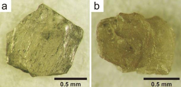 Nanodiamond aggregates from the Popigai crater, Siberia, Russia. a) is composed purely of diamond. b) is composed of a mixture of diamond and small amount of lonsdaleite