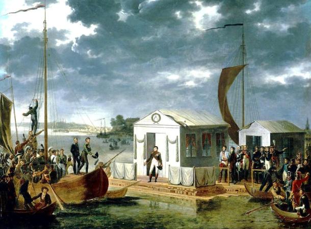 Napoleon meeting with Alexander I of Russia on a raft in the middle of the Neman River 