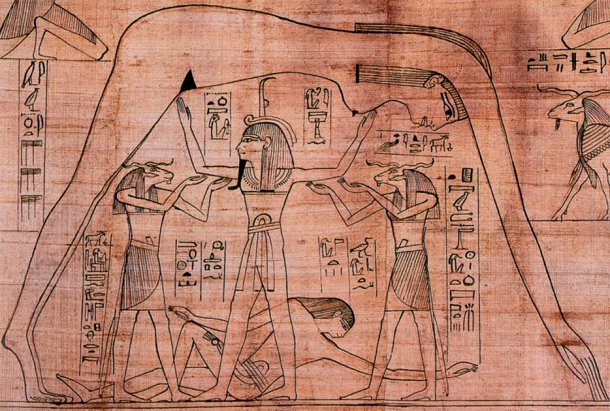 Natural vertical order of elements. Sky goddess Nut held up by air god Shu. Earth god Geb lying on the ground. The sun sailed below the sky. (Author provided)