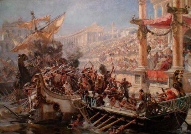 The Naumachia or naval battles, conducted in a flooded Colosseum, 1894 painting by Ulpiano Checa (Public Domain)