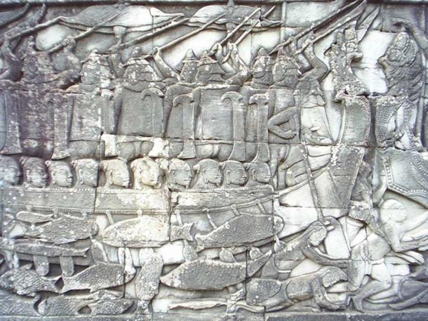 ‘Naval battle on a bas-relief at the Bayon, Angkor, showing Cham soldiers in the boat and dead Khmer fighters in the water.’