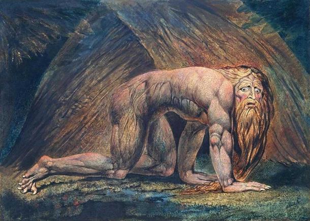Nabucodonosor (1795) de William Blake. La pintura muestra a Nabucodonosor II desnudo y loco, viviendo como un animal salvaje. La historia de la locura de Nabucodonosor II originalmente se refería a Nabonidus. (William Blake / Dominio público)