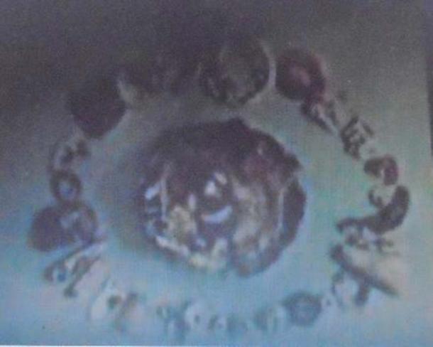 Necklace of unknown material taken from the Tayos Caves now in the PUCE collection, according to Stanley Hall. Photo credit: Jaime Eduardo Rodríguez Tanguay (2011).