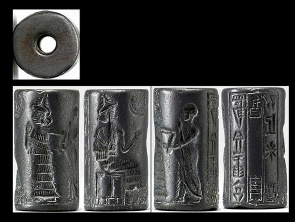 A Neo-Sumerian (circa. 2150 -2000 BC) hematite cylinder seal depicting the presentation of a worshiper to a seated deity. An interceding goddess in a tiered dress leads the worshiper, who holds one hand before his face in a pious gesture. The three-line inscription records the seal owner's name and occupation: 