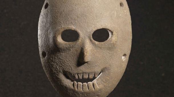 9,000-year-old Neolithic mask from Nahal Hemar Cave in the Judean Desert. (Elie Posner / Israel Museum in Jerusalem)