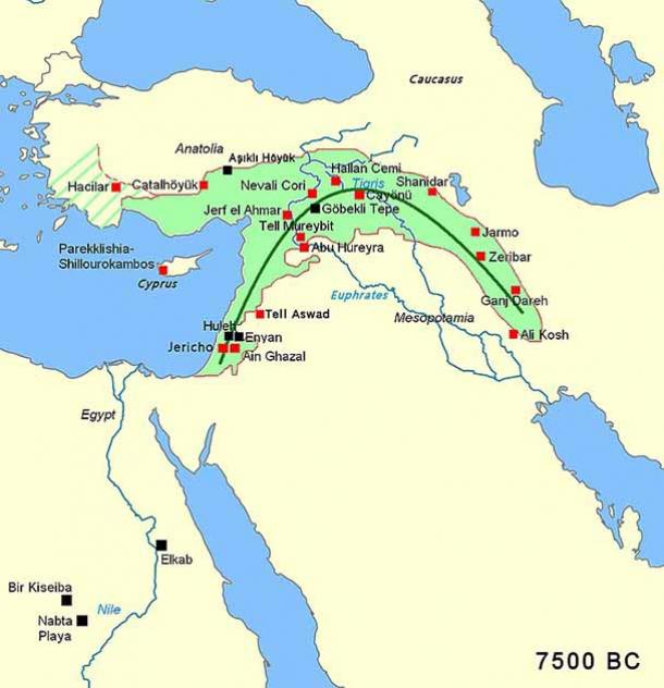 The Neolithic Revolution occurred in a fairly well-defined area, as this map clearly shows, and then from there it spread in all directions but especially through migrations north to Anatolia, which lay just on the edge of the Agricultural Revolution. (GFDL / CC BY-SA 3.0)