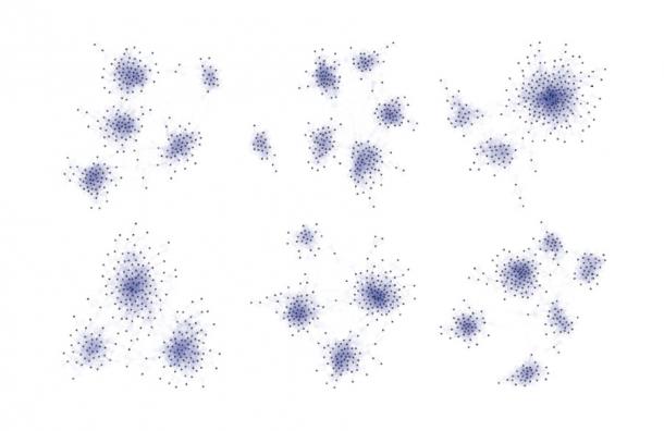 Estructura de red de seis metapoblaciones de cazadores-recolectores simuladas visualizadas como redes modulares jerárquicas. (M. Hamilton/Revista de Computación Social)