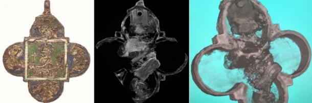 Neutron tomography shows the interior of the medieval reliquary pendant. It has been discovered to contain possible bone relics of a saint. (Sabine Steidl, LEIZA)