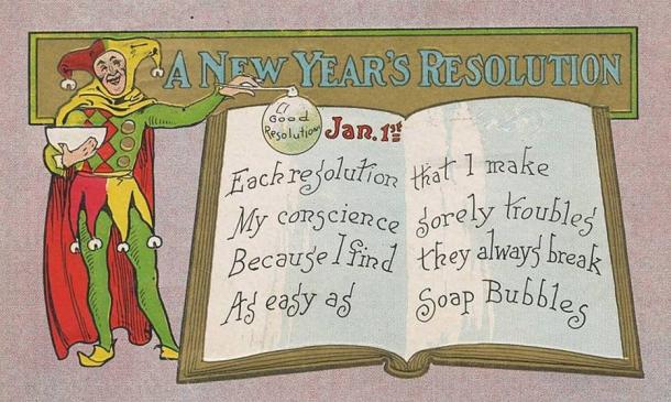 A Christmas card sent in 1909.  (Public Domain) Modern New Year's resolutions are usually considered difficult to keep. 