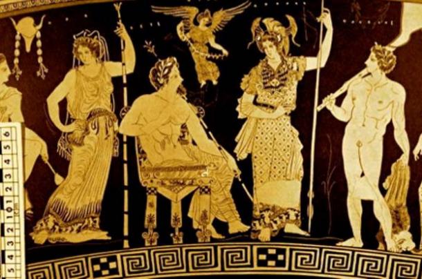 On a vase from about 430 BC, Nimrod/Herakles joins his immortal ancestors Naamah/Athena, Adam/Zeus, Eve/Hera, and Cush/Hermes on Mount Olympus.