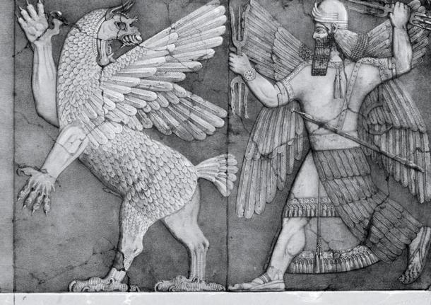 Ninurta with his thunderbolts pursues Anzû, who has stolen the Tablet of Destinies from Enlil's sanctuary. (Austen Henry Layard Monuments of Nineveh, 2nd Series, 1853). 