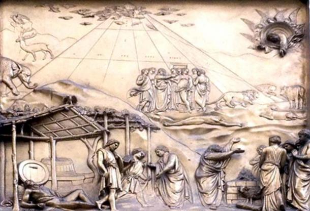 A panel from the door of the Baptistery in Florence, which appears to show Noah’s Ark as a pyramid.