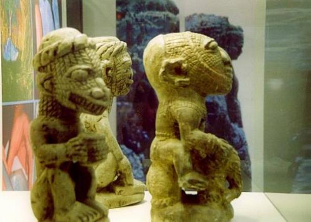 Left: Nomoli figure with lizard head and human body. Right: Human figure riding an elephant, in disproportionate size