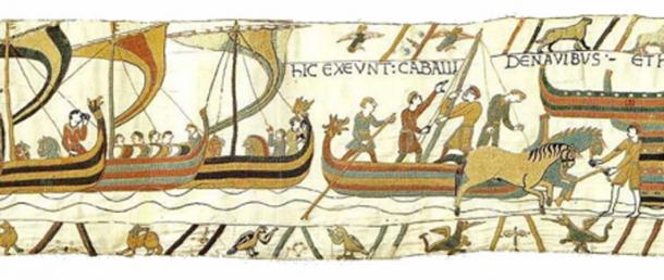 Normans landing in England. Scene from the Bayeux Tapestry, depicting ships coming in and horses landing. (Public Domain)