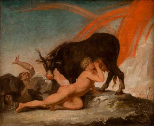 Nella mitologia norrena, Ymir allatta la mucca Audhumla all'alba degli dei.  Dipinto di Nicolai Abildgaard, 1777 (dominio pubblico)
