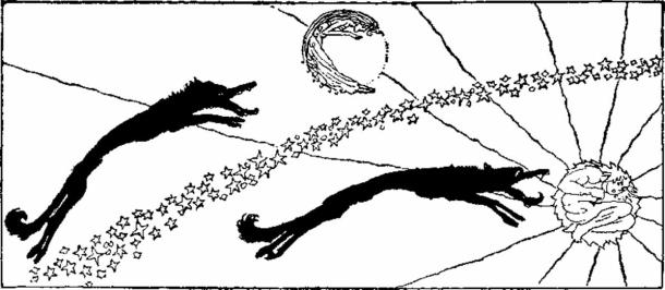 The Norse sun and moon gods Sol and Mani, being chased across the sky by wolves Sköll and Hati, by Willy Pogany, 1920. (Public Domain)