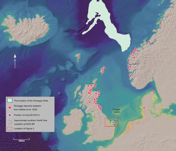 The North Sea, Storegga underwater landslide event run-out, and associated deposit locations