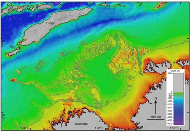 Northwest Australia showing a now submerged string of islands between Australia and Timor/Roti. The present coastline is shown as a black line. The coastline with sea level 75m  (246ft)           lower than present is shown as a grey line. (Image: Robin Beaman)