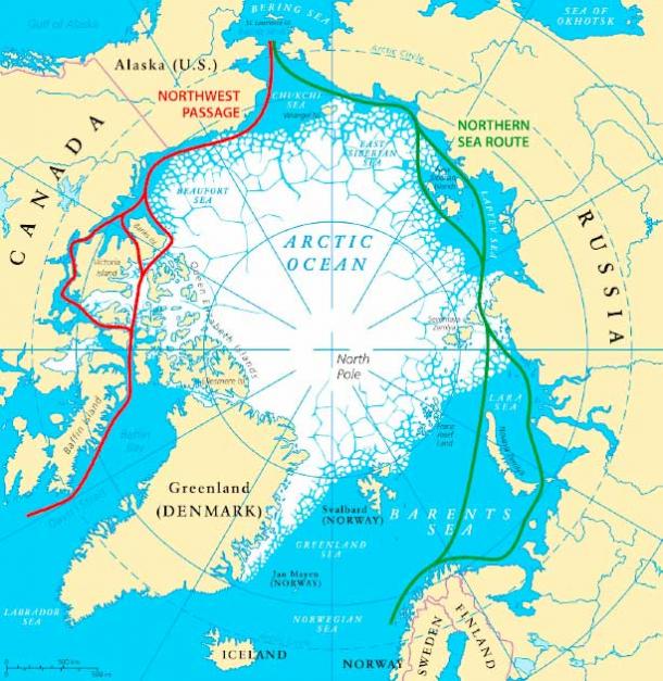 The Northwest Passage shown in red. Source: Peter Hermes Furian / Adobe Stock