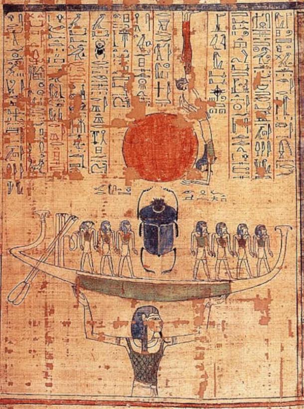 Nun, god of the waters of chaos, lifts the barque of the sun god Ra (represented by both the scarab and the sun disk) into the sky at the beginning of time. (Public Domain)