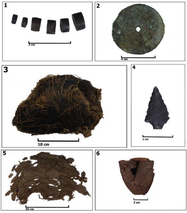 Objects associated to the perinate burial at Alero Ampahuasi – A16. 1. Lithic beads; 2. Copper metal pendant; 3. Wool turban (dated by 14C); 4. Lithic projectile point; 5. Fragments from spiral-technique basket (dated by 14C); 6. Pumpkin container. (Niemeyer et al. 2018)